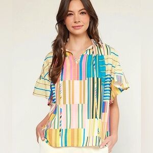 Striped Patchwork Print Short Ruffle Sleeve Blouse Size Medium NEW